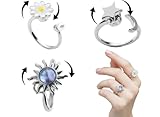 nmajnvo 3PCS Fidget Rings for Anxiety Women Adjustable, Sunflower Rotating Ring Set, Anxiety Relief Ring with Beads, Rotating Star for Stress Relief, Silver Plated Open Jewelry Gift