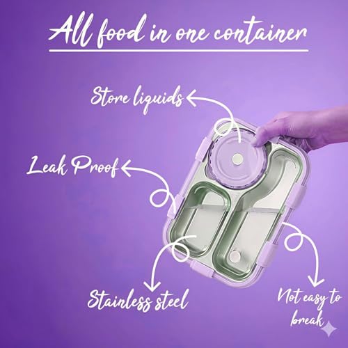 Image of Sanghariyat Lunch Box 3 Compartment Out Side-Leak-Proof BPA Free Stainless Steel, Lunch Box for Girls, Lunch Box for School with a Fork, a Spoon and a Pair of Chopsticks 750 ml (Purple)