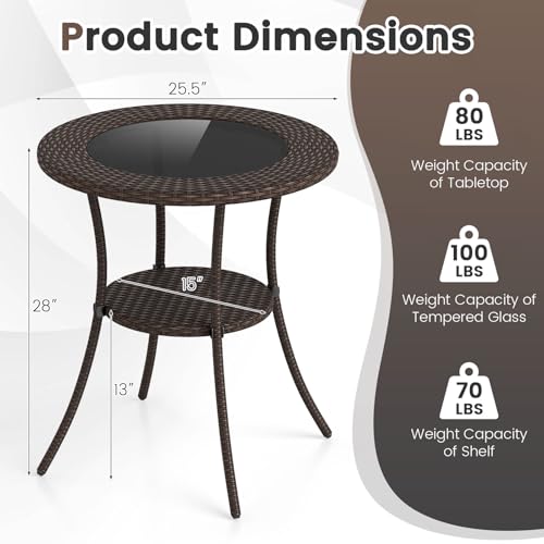 Image of Giantex Round Rattan Wicker Outdoor Coffee Table Glass Top Steel Frame Patio Furniture W /Lower Shelf (Round)