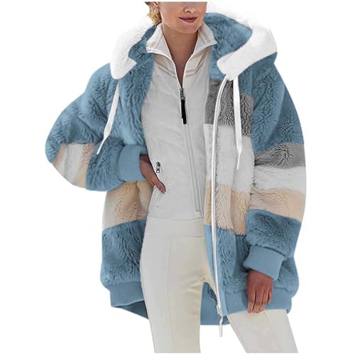 Womens Oversized Sherpa Hoodie Fleece Zip Up Jackets With Pockets Color Block Long Sleeve Winter Warm Outwear Coats