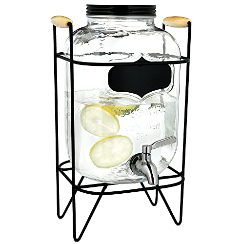 Navaris Dispensador de Bebidas con Grifo - Recipiente de Vidrio de 5 L - Botella de Cristal con Base y Cierre Giratorio - Garrafa con dosificador