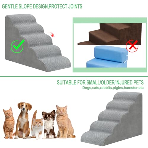 5 Stufen Hundetreppe für Bett und Sofa, LIANTRAL Haustiertreppe mit strapazierfähigem hochdichtem Schaumstoff und waschbarer Bezug und Tierhaarentferner-Rolle, reduziert Stress auf Tiergelenke, Grau