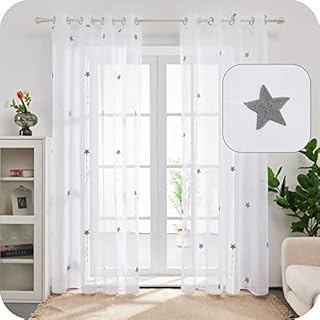 Amazon Brand - Umi Linen Effect Eyelets Sheer Curtains Home Decorative Voile Curtains Embroidered Net Curtains for Bedroom 55 x 90 Inch Grey Two Panels
