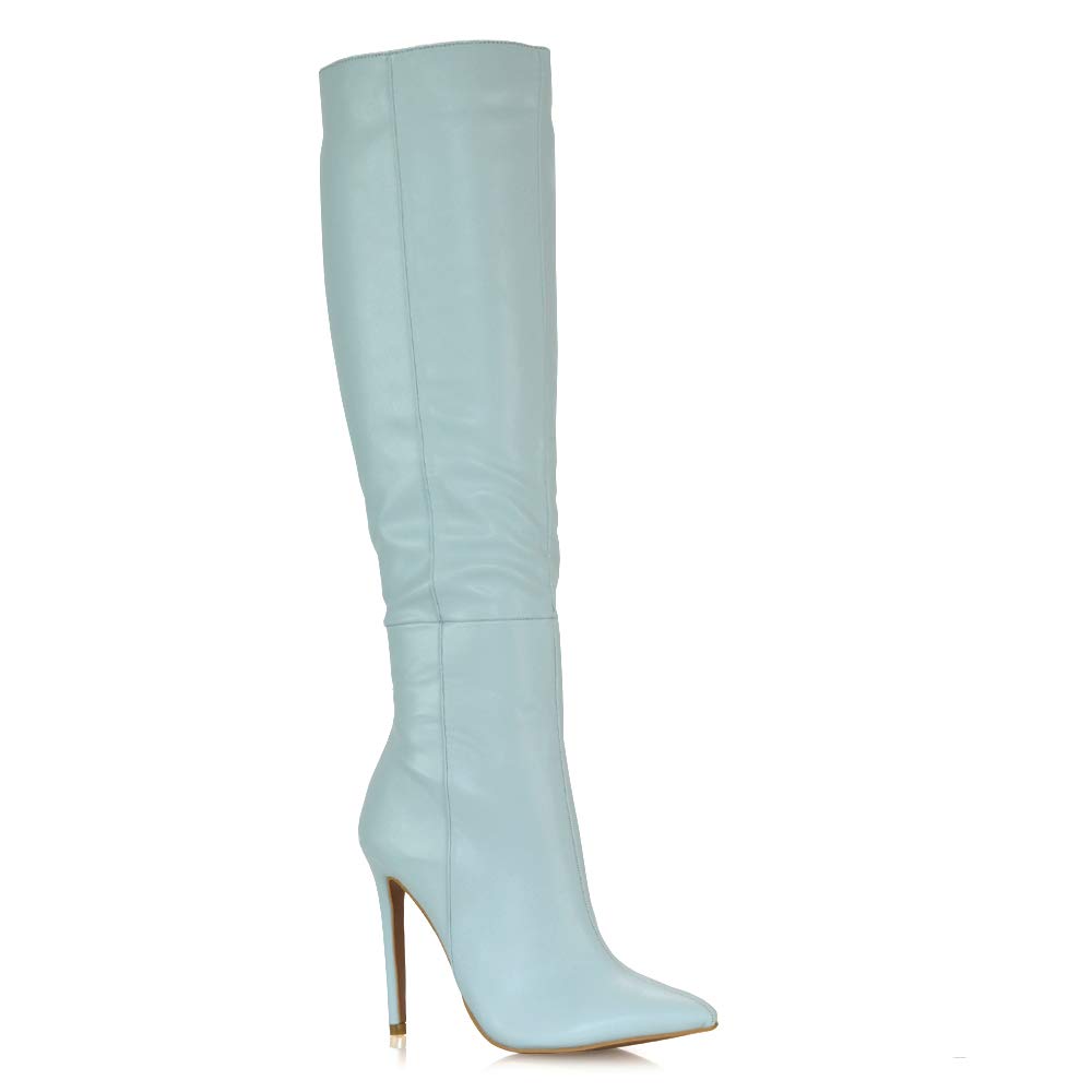 ESSEX GLAM Womes Knee High Boots Ladies High Heel Stiletto Pointed Toe Zipper Evening Booties Shoes