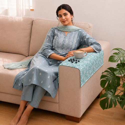 Image of STITCHNEST 'Verdant Phool Stories' Sofa Armrest Cover | Elegant Jacquard Fabric, Washable & Durable for Modern Living (18 x 22 Inches)