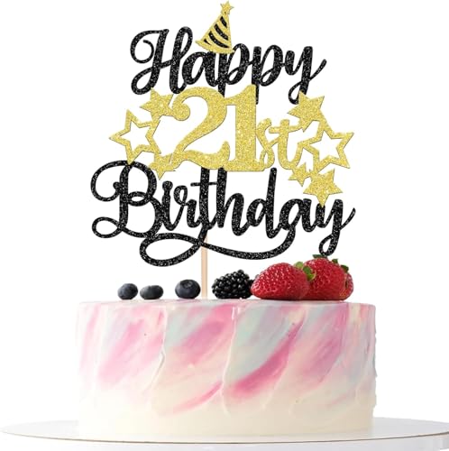 Image of Confetti! Glittering 21st Birthday Cake Topper with Star Hat - Cheers to 21 Years! Fabulous Cake Decorations for Adults 21st Birthday & Anniversary Party Supply