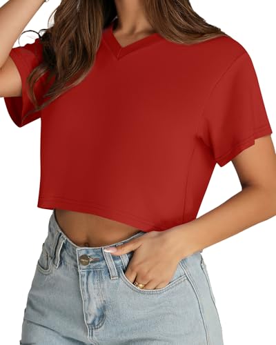 Image of Womens Crop Tops Short Sleeve V Neck Summer Cropped T Shirts Baisc Tees