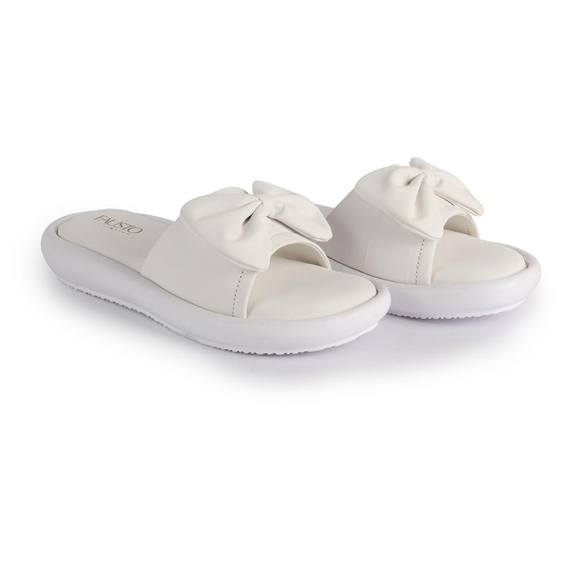 Image of FAUSTO Women Open Toe Bow Design Slip On Sliders | Extra Comfort Cushioned Insole Slippers | Classic Flat Sandals for All Day Long