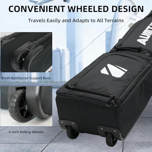 AUMTISC Snowboard Bag with Wheels, Padded Snow Board Bag for Air Travel Flying, Rolling Ski Bags for Single Board or Double Skis, Extendable 165-175cm Wheeled Snowboarding Luggage Bag, Black
