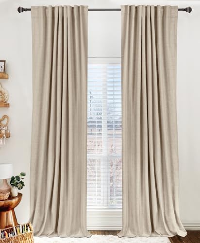 100% Blackout Shield Linen Blackout Curtains for Bedroom 84 Inches Long, Back Tab/Rod Pocket Living Room Drapes, Thermal Insulated Blackout Curtains 2 Panels Set, 50' W x 84' L, Oatmeal