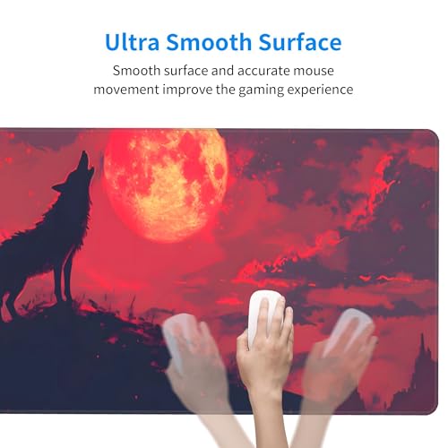 Image of Wolf Animal Red Moon Extended Gaming Mouse Pad, with Stitched Edges Large Mouse Pad Desk Protector, Rubber Base Mousepad Keyboard Mouses Mat for Work Game Office Home- 32 inch X 12 inch Inch