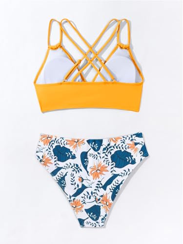 Image of Fanuerg Women's Sexy V Neck Bikini Sets Hollow Out Two Piece Swimsuits Cutout Mid Waist Bathing Suit