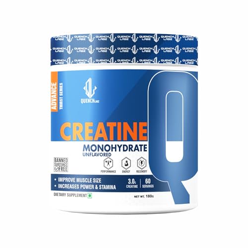 Image of QuenchLabz Creatine Powder 3000 mg | Mircronized Creatine Monohydrate | Creatine Monohydrate 100g for For Lean Pump and Volumization | Gym Supplement for Men for Pump and Strenght - Unflavoured Powder - 33 Servings - Pouch (180 GM, Unflavoured)