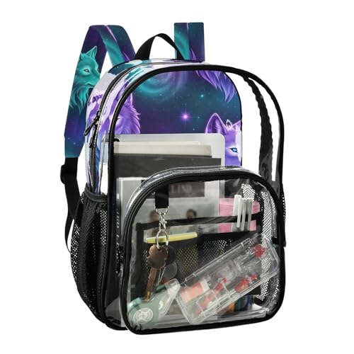 Clear Backpack for Women Kids Girls Backpack Boys Approved Plastic Bag Large Majestic Neon Wolves Heads2