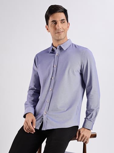 Image of TURMS Men's Solid Knitted Shirts, Odor Control, Stretchable & Breathable, Cotton Blend, Tailored Fit, Full Sleeve