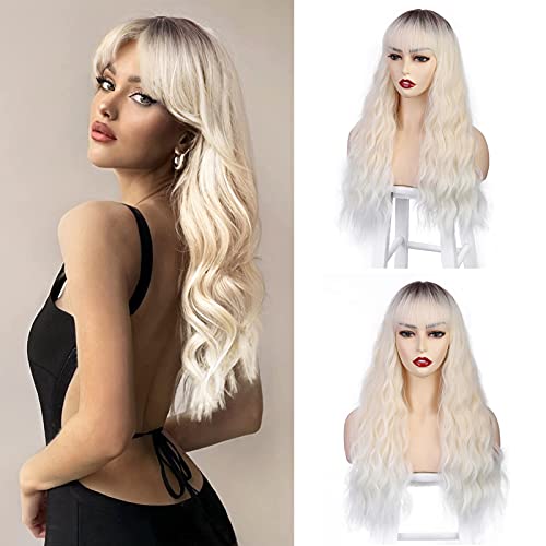 Vigorous Long Wavy Wigs with Bangs Dark Roots Ombre Platinum Blonde Wig Synthetic Medium Length Wig Heat Resistant Wig Natural Looking For Women Daily Party Use