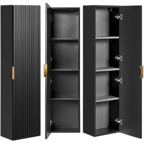 Lomadox Badezimmerschrank Hochschrank Highboard 2 Türen, matt schwarz Rillenoptik Cover
