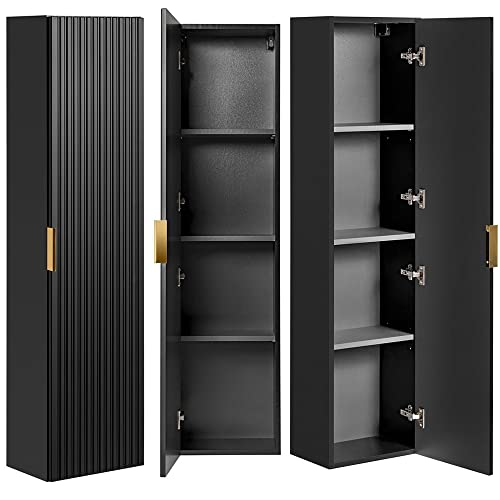 Lomadox Badezimmermöbel in matt schwarz gerillt Hochschrank Seitenschrank Badezimmerschrank Badschrank B/H/T: 35/140/25 cm