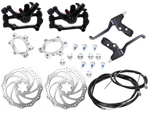 Image of CYBIC Complete Bicycle Brake Kit, Black and Silver, 2 Disc Calipers, 2 Brake Plates, 2 Brake Levers, Mounting Hardware