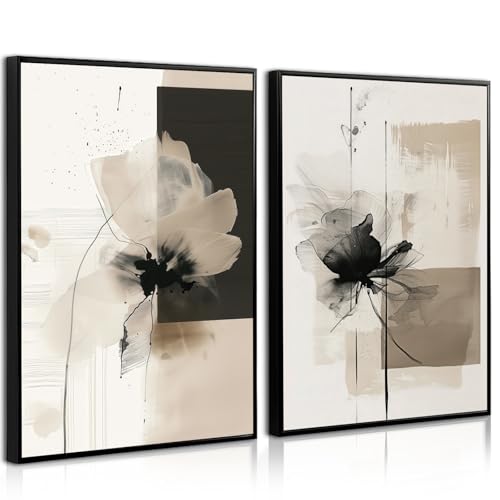 Tocliky Modern Abstract Floral Wall Art Minimalist Neutral Canvas Painting Decor Beige Cream And Black Wall Art Contemporary Flower Picture Prints for Living Room Bedroom 12x16 Inch Unframed Set of 2