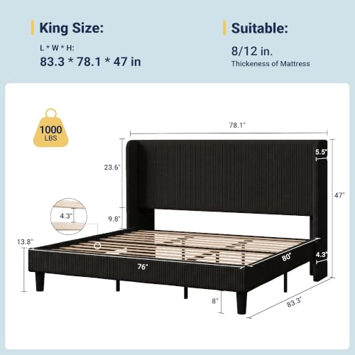 Image of Allewie King Size Platform Bed with Corduroy Wingback Headboard, Black | 1000 lb Capacity, Corduroy Wingback Headboard, Vertical Channel Design, Wood Slat Support, No Box Spring Needed /Easy Assembly