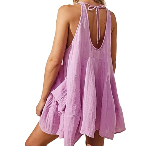 Image of Women Casual Dresses Sleeveless Scoop Neck Backless Tunic Mini Dress Loose Flowy Tank Sundress with Pockets