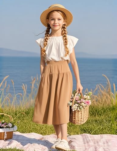 Image of Girls' Skirt A-Line Long Skirt School Uniform Skirt with Pockets, 4-13Y