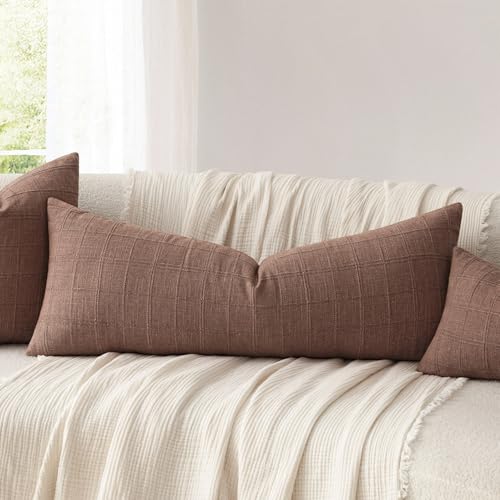 Image of Foindtower Set of 1 Decorative Linen Check Throw Pillow Cover Neutral Farmhouse Lumbar Cushion Cover Soild Modern Boho Home Decor for Sofa Chair Couch Bedroom Living Room,14x36 Inch,Autumnal Red