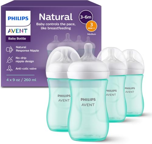 Image of Philips Avent Natural Baby Bottles with Natural Response Nipples (Medium Flow, Flow 3), 9oz, Teal, SCY903 /44, 4 Count (Pack of 6)