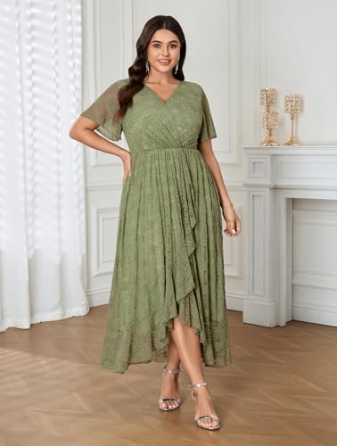 Image of SCOMCHIC Womens Plus Size Wedding Guest Dress Formal Lace Wrap V Neck High Low Short Sleeve Cocktail Maxi Dresses XL-4XL