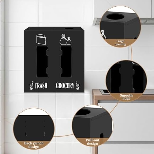 2 in 1 Trash Bag Dispenser and Grocery Bag Holder, Large Wooden Trash Bag Holder,Trash Bag Dispenser for Grocery Bags and Plastic Bags,Kitchen Cabinet Under Sink Organizers and Storage