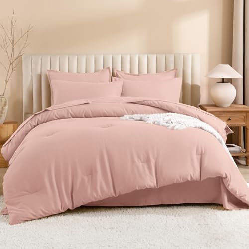 Image of Litanika Comforter Queen Size Set Blush Pink - 7 Pieces Bed in a Bag Queen Bedding Comforter Sets, Plain Lightweight Bed Set with Comforter, Sheets, Pillowcases & Shams