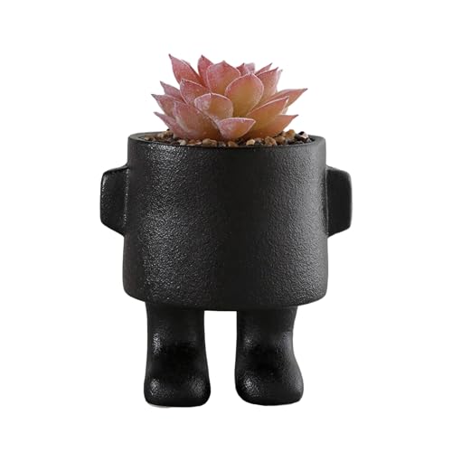MISNODE Fake Succulents Plants with Human Shaped Ceramic Pots, Cute Small Fake Plant, Artificial Fake Plant, Artificial Greenery Desk Plants for Office Home Table Shelves Decor(Black C)