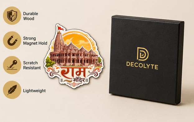 Image of Ram Mandir Theme Wooden Fridge Magnet Souvenir | 3x3 in Kitchen Home Decor Gift