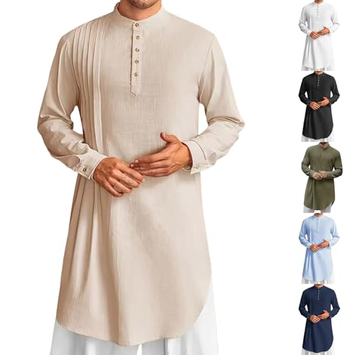 Zothiazo Camisas de algodón y lino para hombre, bata musulmana de manga larga con cuello redondo, camisa india larga, transpirable, camisas de vestir ligeras, informales, de secado rápido, camisetas