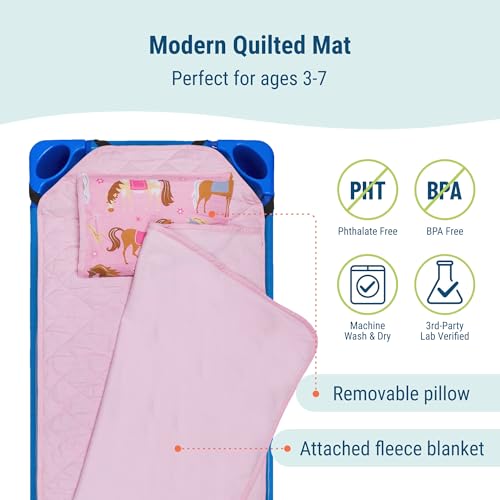 Image of Wildkin Modern Kids Nap Mat with Pillow for Girls - Cotton Blend, Elastic Straps, Toddler Sleep Mat for Daycare, Preschool, Kindergarten & Travel, Ages 3-7, Machine Washable - Horses