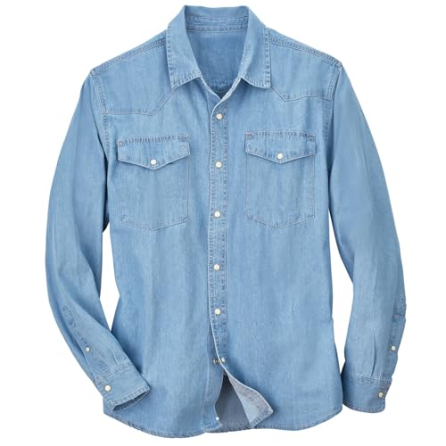 Collections Etc Men's Authentic Top-Stitch Woven Denim Shirt