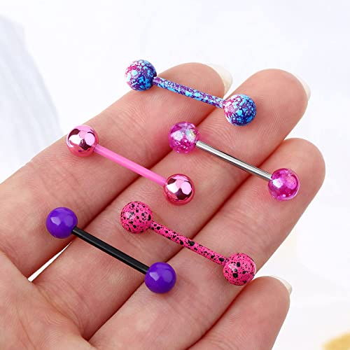 Jewseen 5PCS Pink Purple Acrylic Balls Tongue Barbell Splatter 316L Stainless Steel Bar Tongue Rings Piercing3