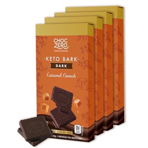 ChocZero Dark Chocolate Caramel Crunch Bark, Sugar Free, Vegan, Low Carb, High Fiber, Keto Friendly, No Sugar Alcohols (4 Count, 3.2oz Boxes)
