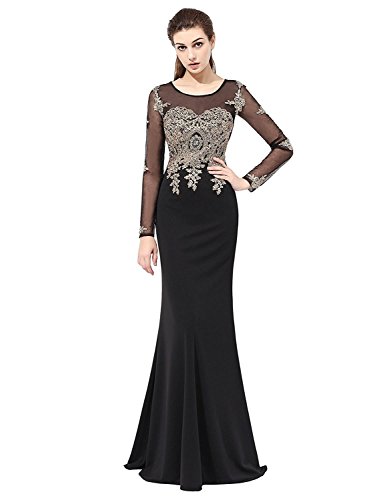 Sarahbridal Women's Gold Embroidery Lace Long Mermaid Formal Evening Prom Dresses with Long Sleeve Black US8