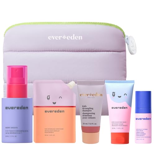 Evereden Kids Travel Set: Clean & Vegan 5-Piece Skin & Hair Care Set for Kids |Kids Face Cream Face Wash Detangling Shampoo Conditioner & Spray With Travel Bag | Stocking Stuffers for Kids