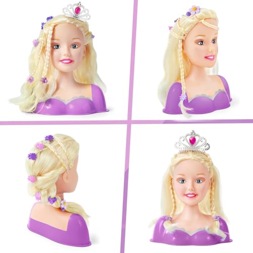 Frisierkopf Kinder Set Schminkkopf für Mädchen Kinder Spielzeug Puppenkopf Zum Frisieren Krone Haartrockner Kinderschminke Friseur Haarzubehör Weihnachten Geburtstags Geschenk Mädchen 3 4 5 6 (Lila)