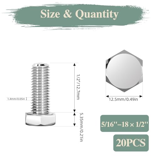 Image of 5 /16 inch-18 x 1 /2 inch Hex Head Screw Bolt, 20Pcs Stainless Steel 304 (18-8), Fully Threaded Bolts, Plain Finish
