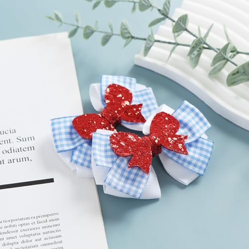 2PC Blue White Gingham Hair Bow Clips 3.5 Inch Checker Pigtail Bows Wizard Hair Accessories