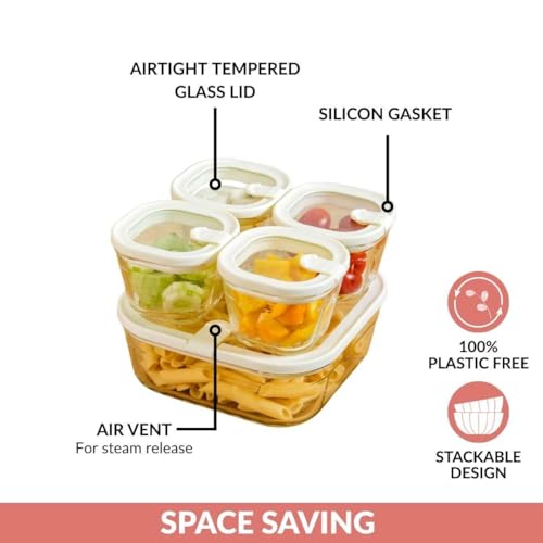 Image of Nestasia Vento Glass Containers with Lid Set of 5 (220ml x 4, 1320ml x 1) - Microwave, Refrigerator & Dishwasher Safe Containers with Air Vent Lid for Fridge Storage (Cream)