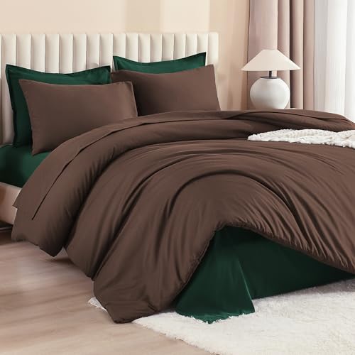 Image of Litanika Full Comforter Sets Brown Emerald Green- 7 Pieces Bed in a Bag Beddding Sets, Solid Lightweight Bed Set with Comforter, Sheets, Pillowcases & Shams