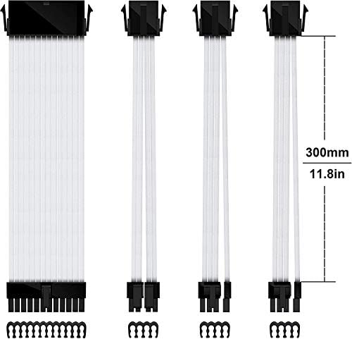 EZDIY-FAB PSU Cable Extension Sleeved Custom Mod GPU PC Power Supply Soft Nylon Braided with Comb Kit 24PIN/8PIN to 6+2Pin/ 8PIN to 4+4PIN-30CM 300MM - White