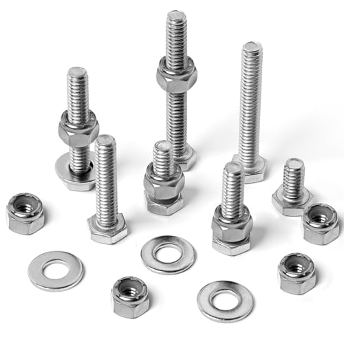 Image of 1 /4-20 Hex Bolts Screws Nylon Insert Lock Nuts Flat Washers Kit, Stainless Steel 304, Fully Threaded Hex Bolt 1 /4-20 x 1 /2 inch 3 /4 inch 1 inch 1-1 /4 inch 1-1 /2 inch 1-3 /4 inch 2 inch Length