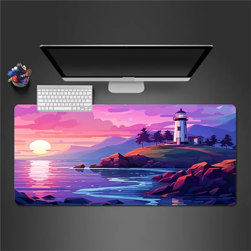Tapis de Souris Gamer, Tapis de Souris Phare du Bord de mer,avec Base en antidérapant Extended XXL Long Clavier Pad de Table - Améliore la précision et la Vitesse Tapis de Souris - 700 x 400 x 2mm