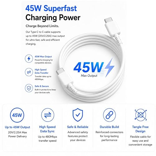 Image of 45W Type C To C PD Ultra-Fast Cable | Compatible with Samsung S25 /S24 /S24 /S23 /S22 /S21(Ultra /Fe) M36 /M35 /M07 /06 /05,(S /A /F /M)| Original Superfast Charging |White